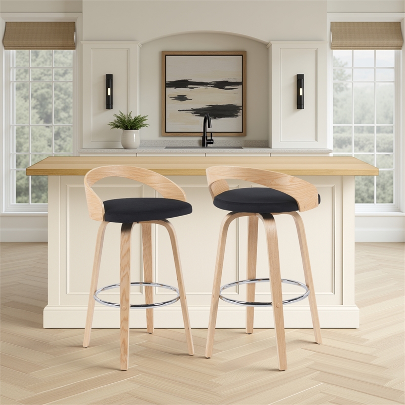 Sonia Swivel Bar Height Stool in Black Upholstered Seat/Oak Wood Finish-Set of 2