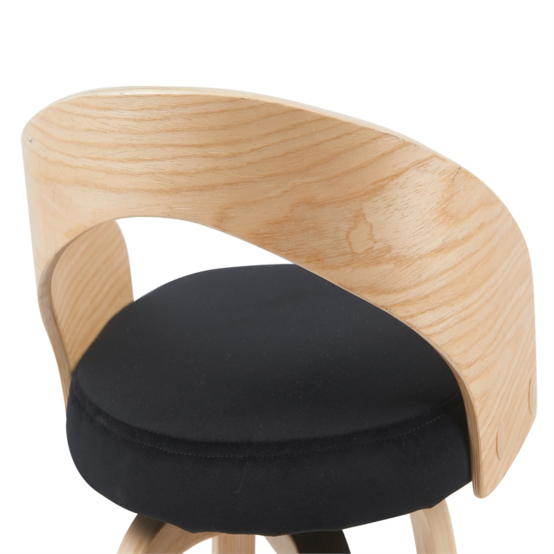 Sonia Swivel Bar Height Stool in Black Upholstered Seat/Oak Wood Finish-Set of 2