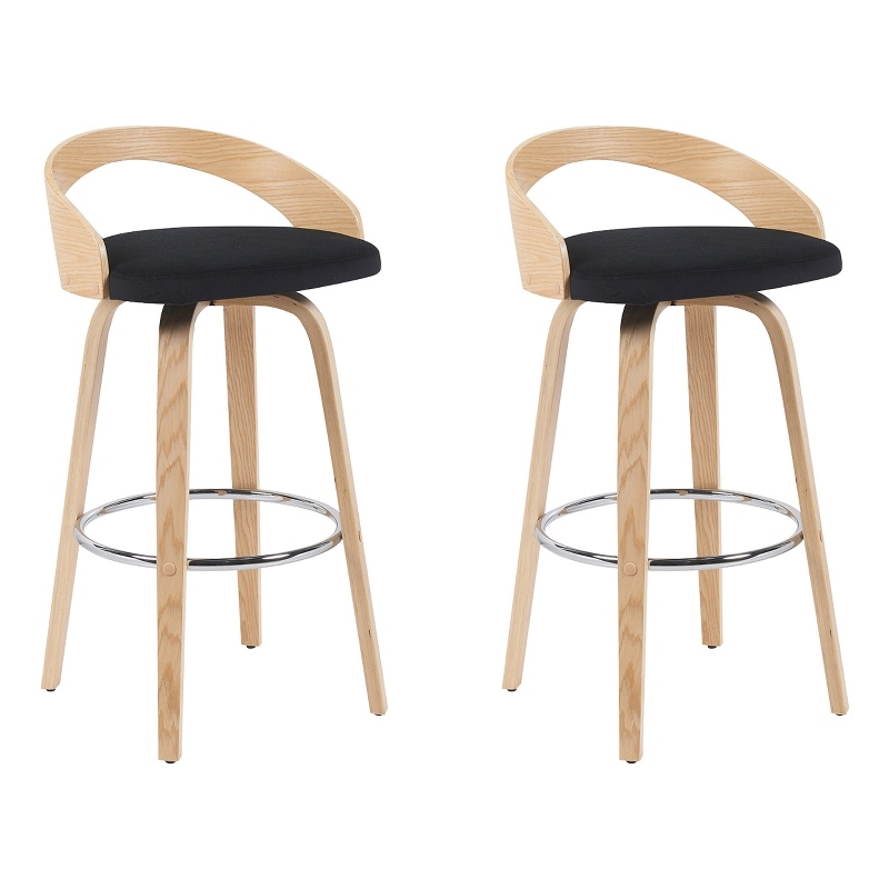 Sonia Swivel Bar Height Stool in Black Upholstered Seat/Oak Wood Finish-Set of 2