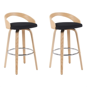 Sonia Swivel Bar Height Stool in Black Upholstered Seat/Oak Wood Finish-Set of 2