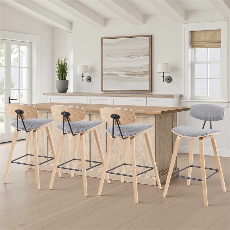 Fox Swivel Bar Height Stool with Grey Seat and Oak Wood Frame- Set of 4