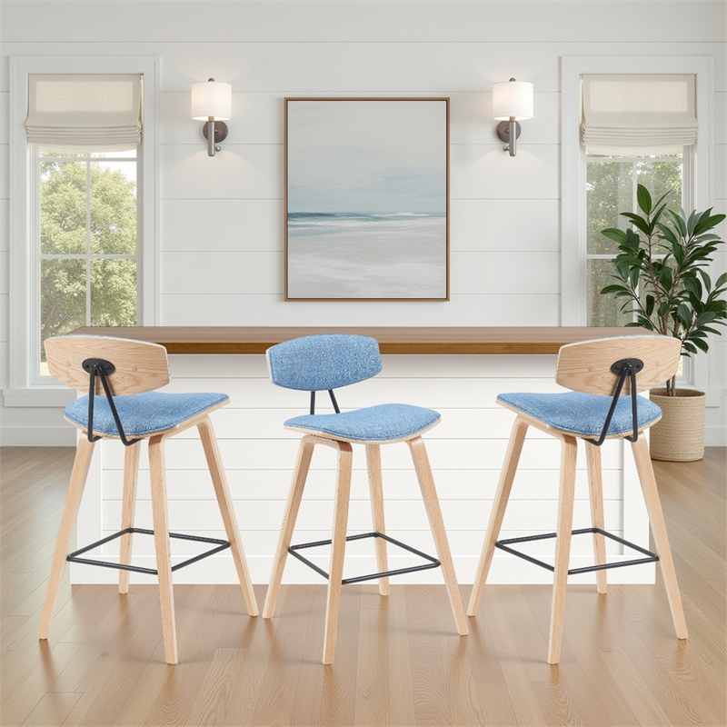 Fox Swivel Bar Height Stool with Light Blue Seat and Oak Wood- Set of 3