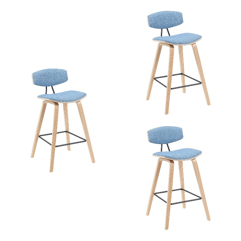 Fox Swivel Bar Height Stool with Light Blue Seat and Oak Wood- Set of 3
