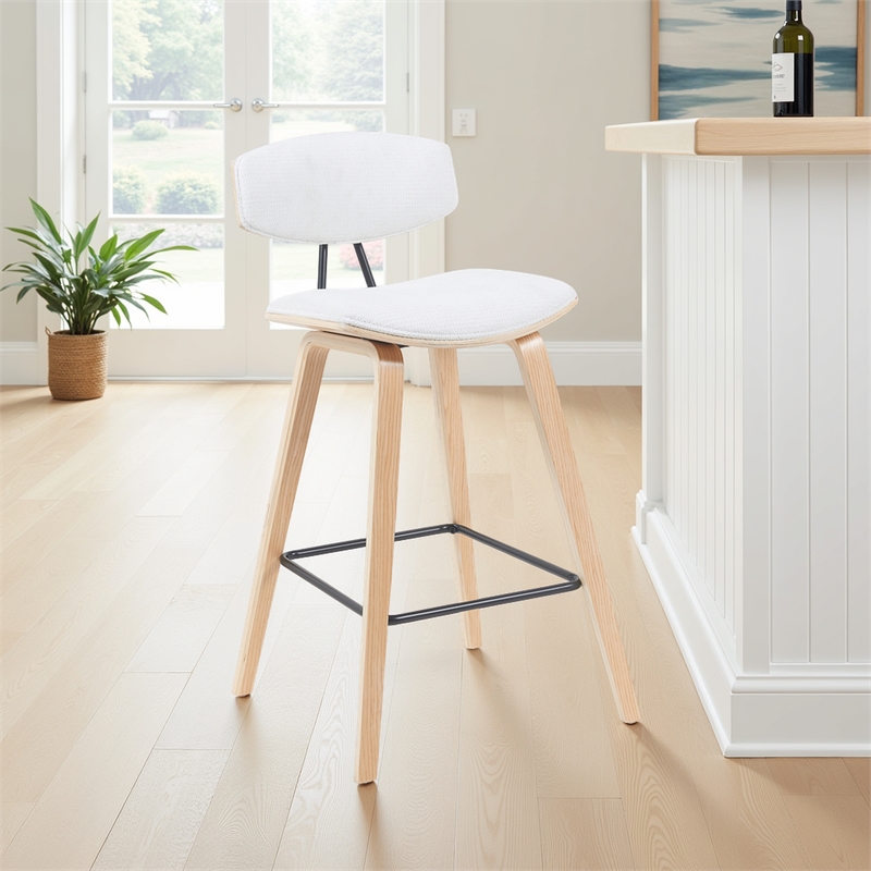 Fox Swivel Bar Height Stool with White Upholstered Seat and Oak Wood Frame