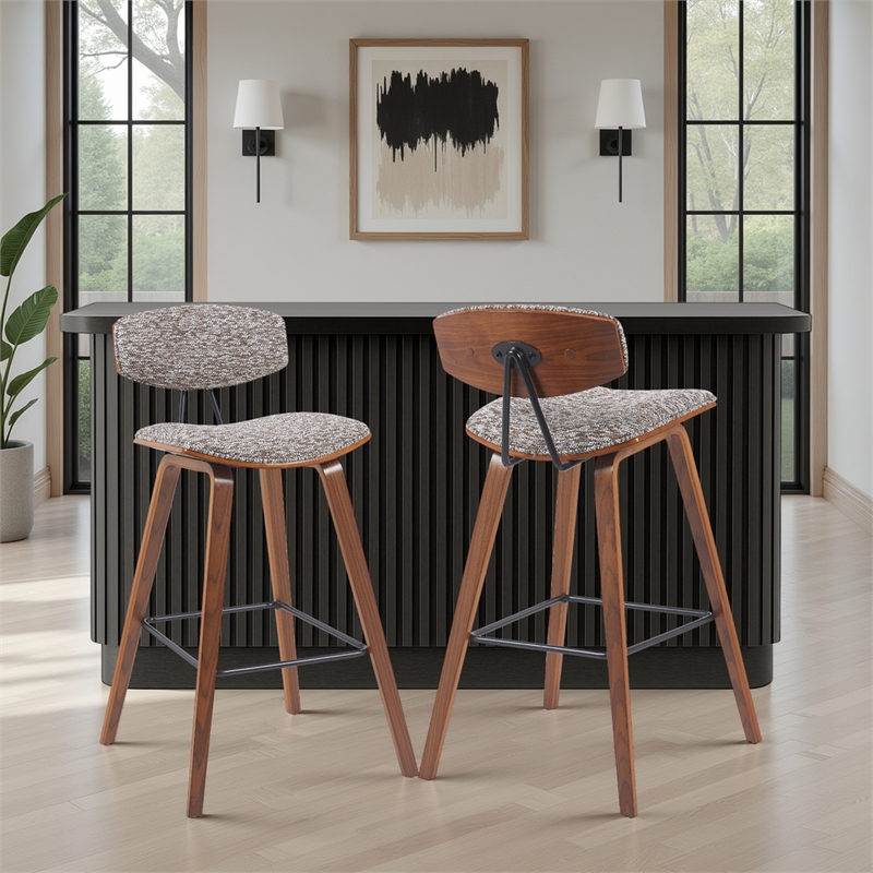 Fox Swivel Bar Height Stool with Speckled Brown Seat and Walnut Wood- Set of 2