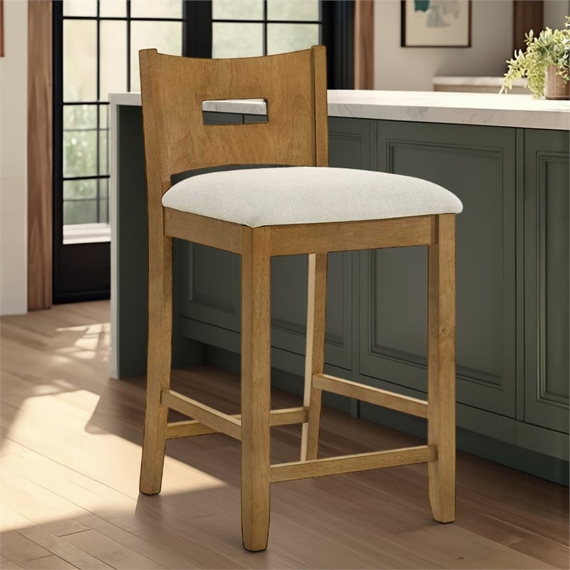 Ren 26 in. Amber Glow Counter Height Rubberwood Barstool with Ivory Fabric Seat