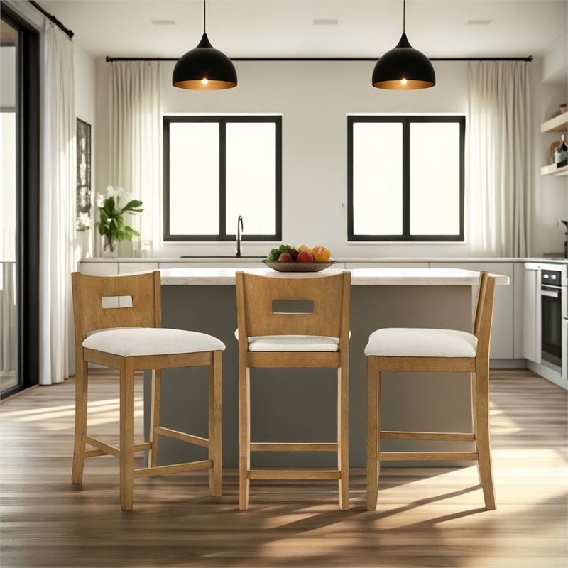 Ren 26 in. Amber Glow Counter Height Rubberwood Barstool with Ivory Fabric Seat