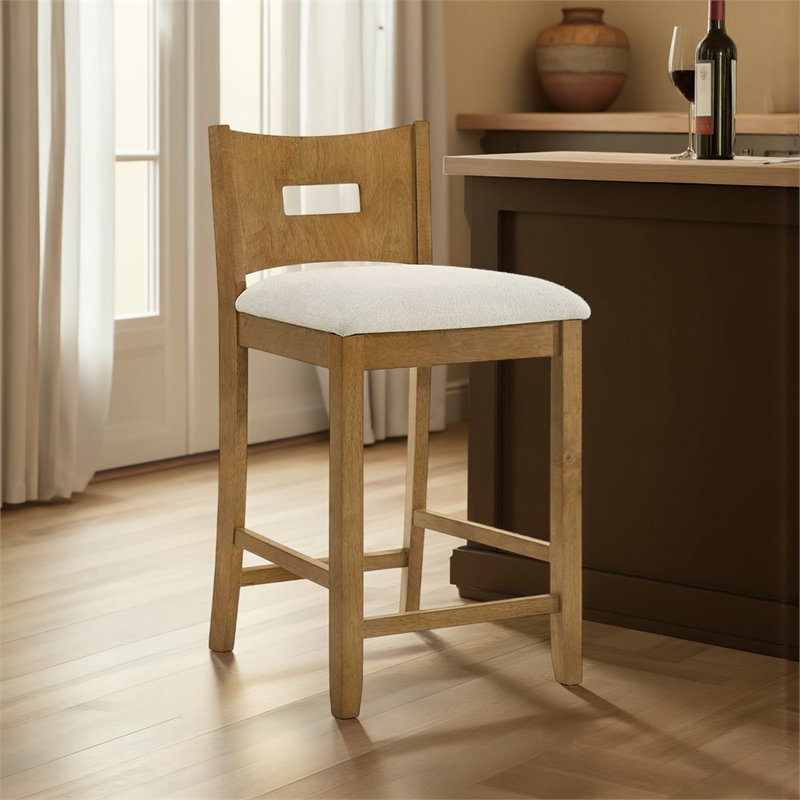 Ren 30 in. Amber Glow Bar Height Rubberwood Barstool with Ivory Fabric Seat