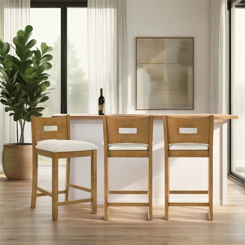 Ren 30 in. Amber Glow Bar Height Rubberwood Barstool with Ivory Fabric Seat