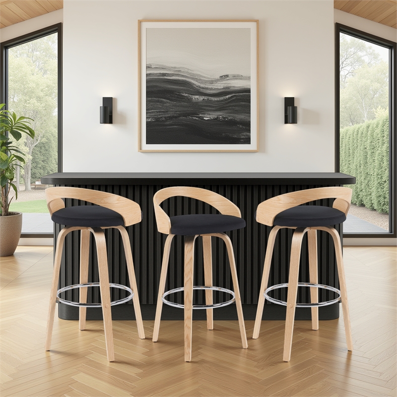 Sonia Swivel Bar Height Stool in Black Upholstered Seat/Oak Wood Finish-Set of 3
