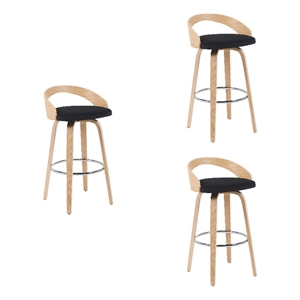 Sonia Swivel Bar Height Stool in Black Upholstered Seat/Oak Wood Finish-Set of 3