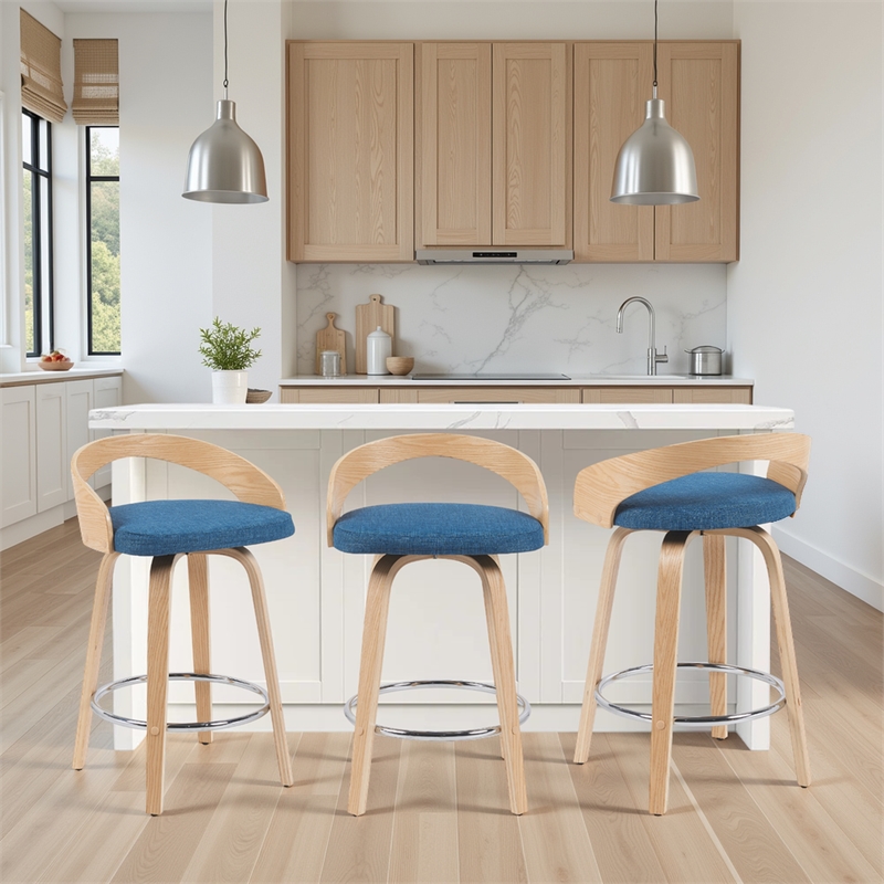 Sonia Swivel Counter Height Bar Stool with Blue Seat and Oak Wood- Set of 3
