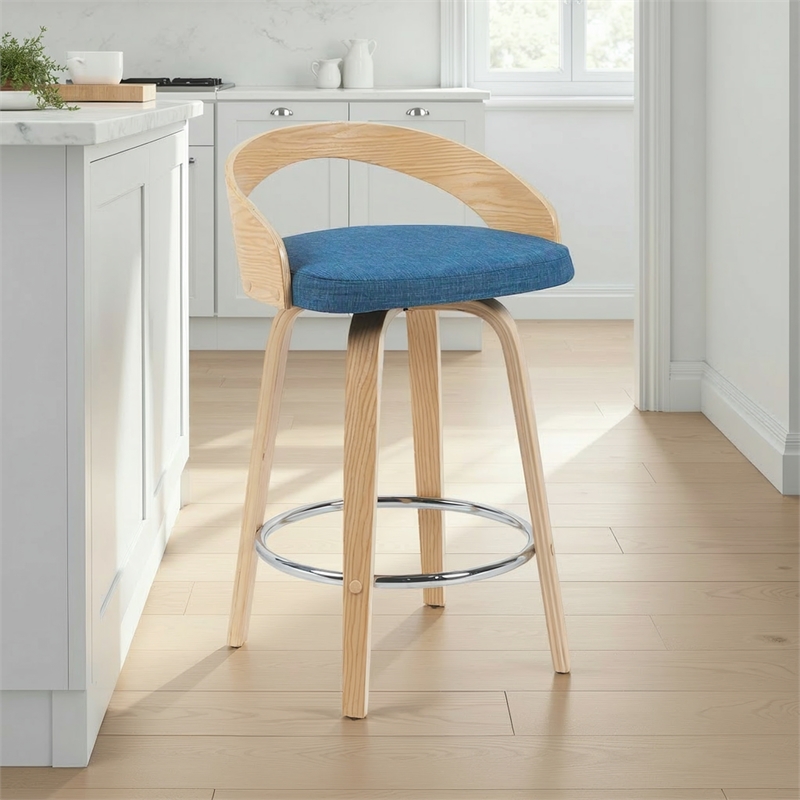 Sonia Swivel Counter Height Bar Stool with Blue Seat and Oak Wood- Set of 3