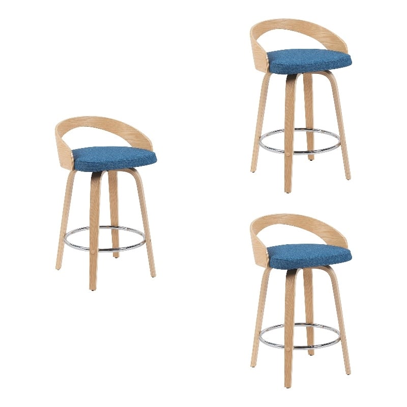 Sonia Swivel Counter Height Bar Stool with Blue Seat and Oak Wood- Set of 3