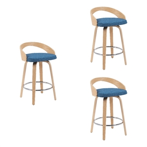 Sonia Swivel Counter Height Bar Stool with Blue Seat and Oak Wood- Set of 3