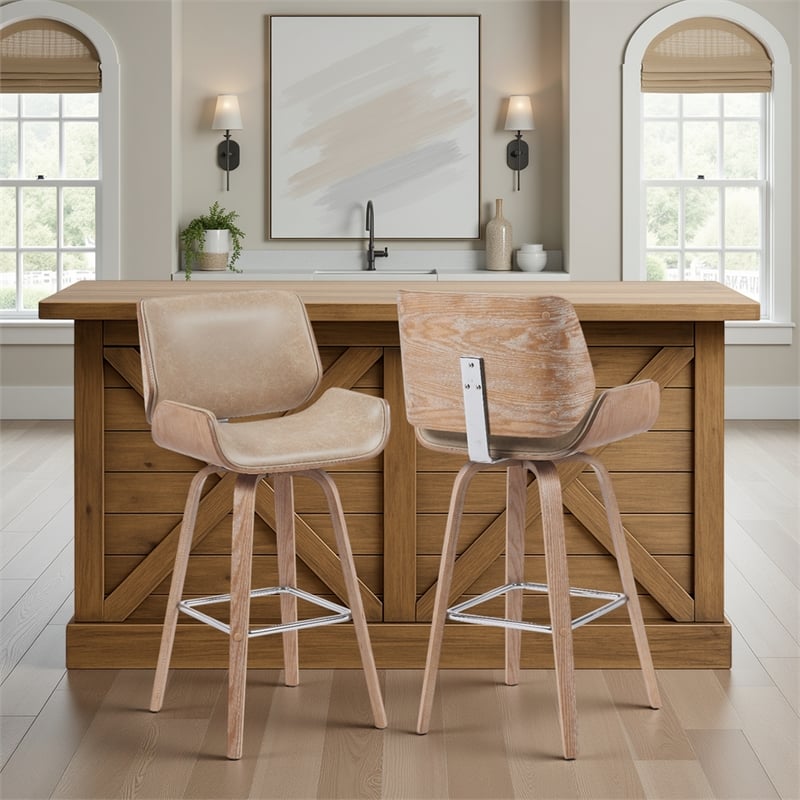 Tyler Swivel Bar Stool with White Wash Wood and Brown Upholstery- Set of 2