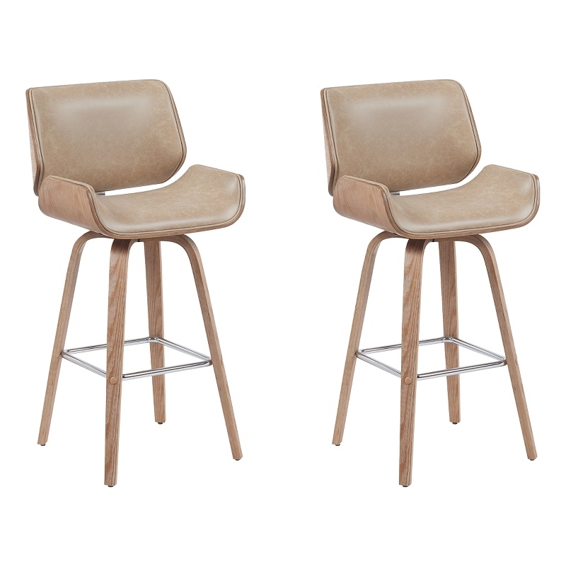 Tyler Swivel Bar Stool with White Wash Wood and Brown Upholstery- Set of 2