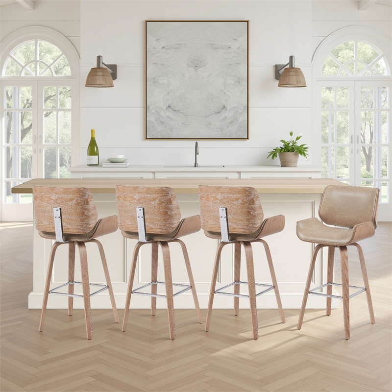 Tyler Swivel Bar Stool with White Wash Wood & Vintage Brown Upholstery- Set of 4