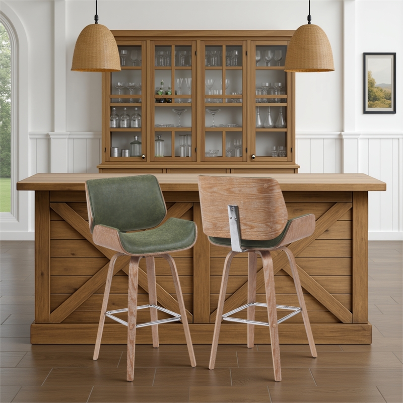 Tyler Swivel Bar Stool with White Wash Wood and Green Upholstery- Set of 2