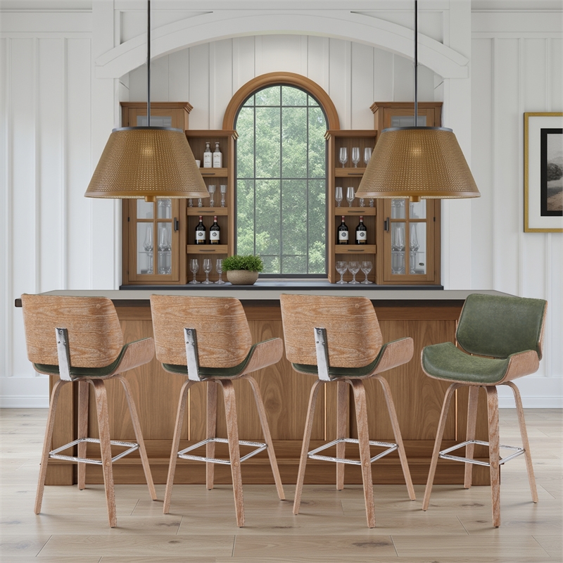 Tyler Swivel Bar Stool with White Wash Wood & Vintage Green Upholstery- Set of 4