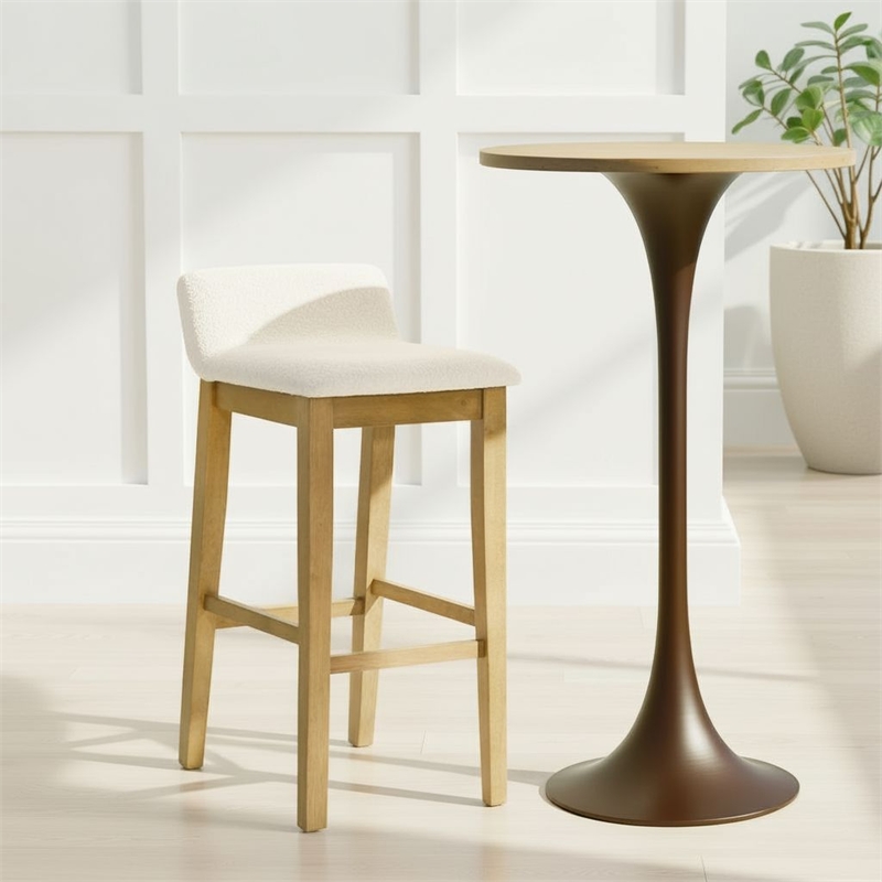 Annikah Wood Bar Height Kitchen Bar Stool in Amber Glow/White Boucle Fabric Seat