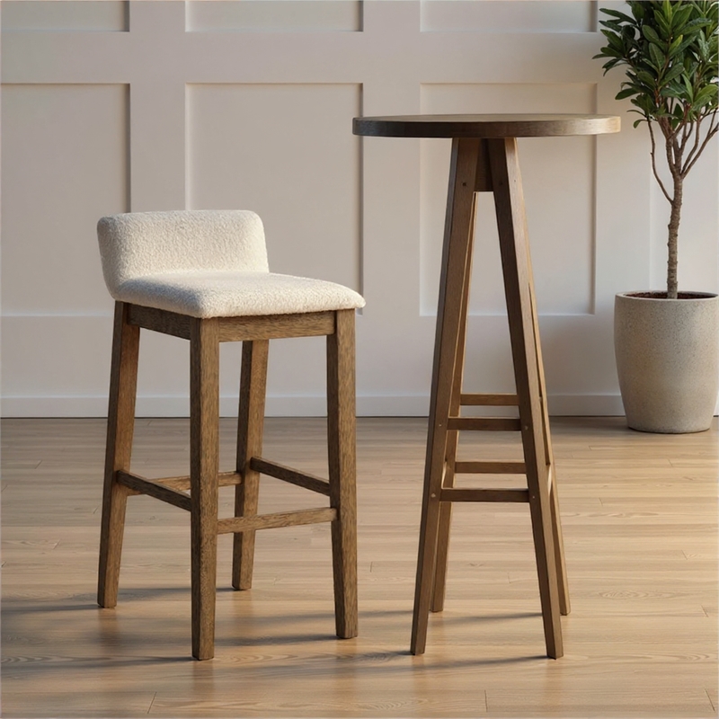 Annikah Wood Bar Height Bar Stool in Putty Brown with White Boucle Fabric Seat