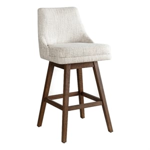 Branson Brown Solid Wood 30&quot Bar Height Swivel Barstool with Beige Fabric Seat