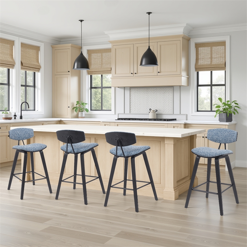 Fox Swivel Counter Height Bar Stool with Blue Seat and Black Brushed- Set of 4