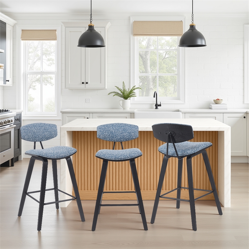 Fox Swivel Counter Height Bar Stool with Blue Seat and Black Brushed- Set of 4