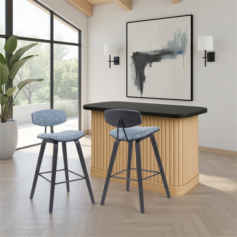 Fox Swivel Bar Height Stool with Speckled Blue Seat & Black Wood Frame- Set of 2