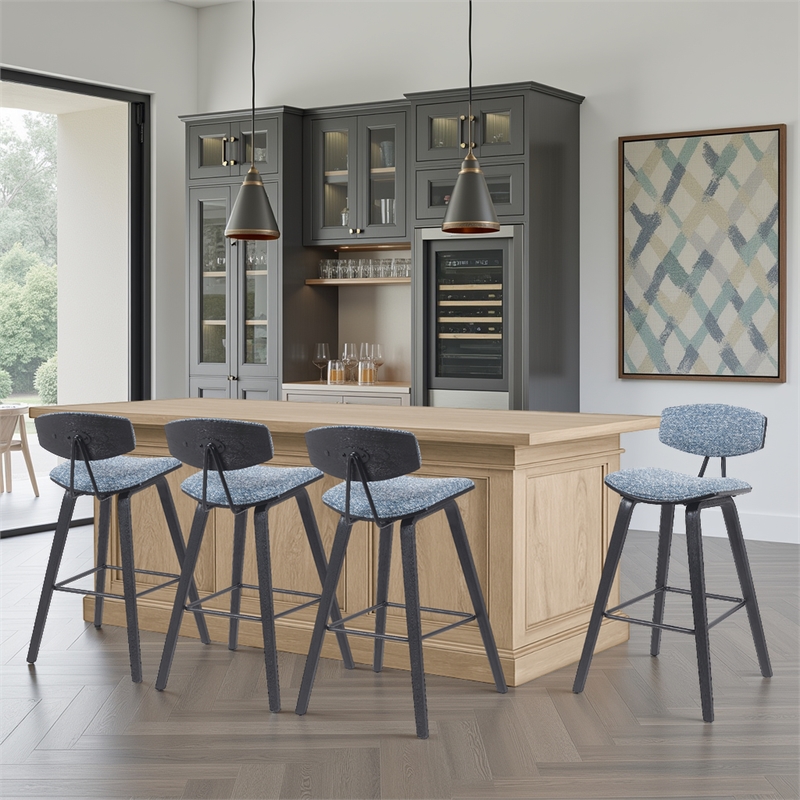 Fox Swivel Bar Height Stool with Blue Seat and Black Brushed Wood- Set of 4