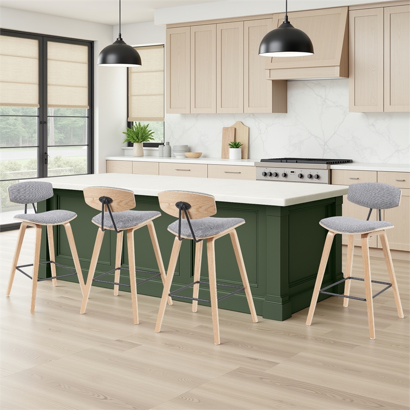 Fox Swivel Counter Height Bar Stool with Grey Seat and Oak Wood Frame- Set of 4