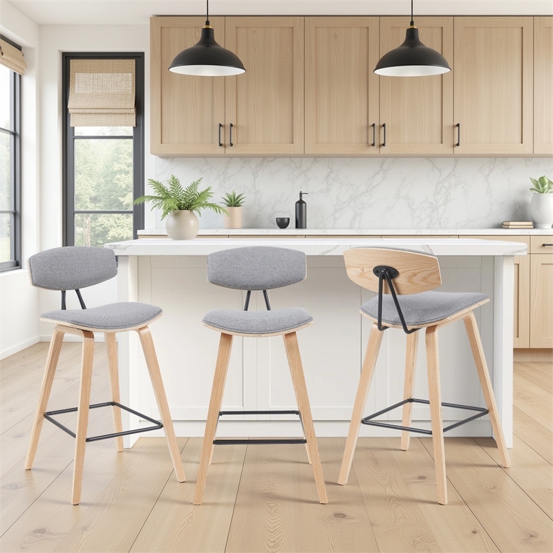 Fox Swivel Counter Height Bar Stool with Grey Seat and Oak Wood Frame- Set of 4