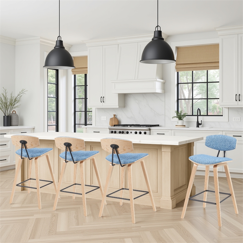 Fox Swivel Counter Height Bar Stool with Light Blue Seat and Oak Wood- Set of 4