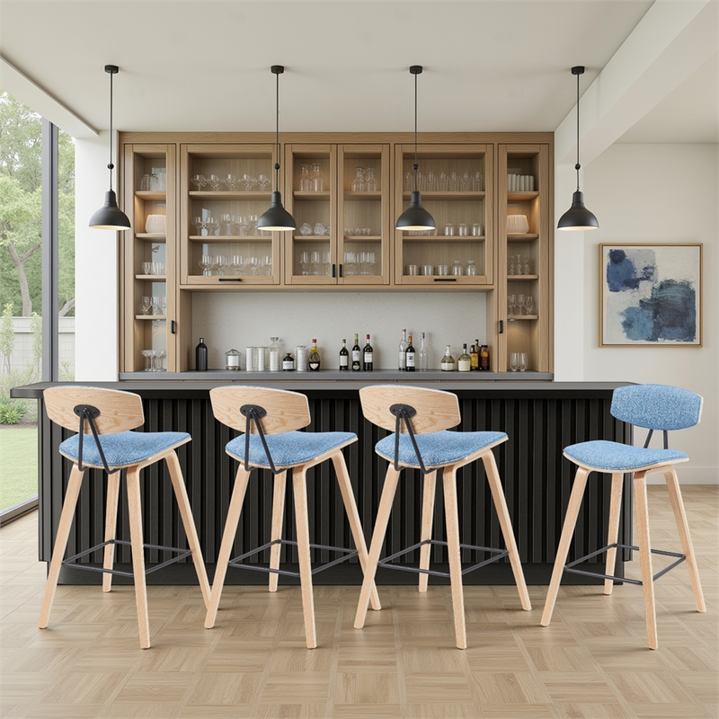Fox Swivel Bar Height Stool with Light Blue Seat and Oak Wood- Set of 4