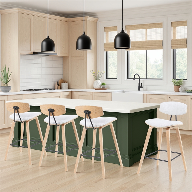 Fox Swivel Counter Height Bar Stool with White Seat and Oak Wood Frame- Set of 4