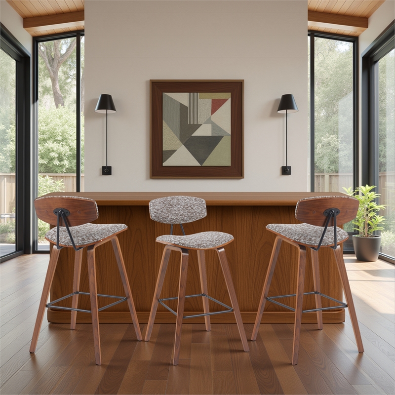 Fox Swivel Bar Height Stool with Speckled Brown Seat and Walnut Wood- Set of 3