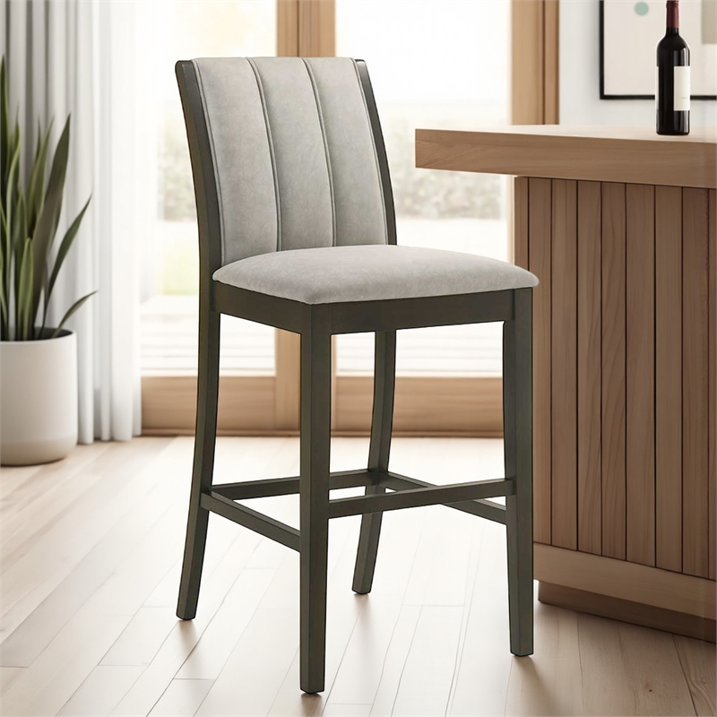 Nolan 30 in. Dark Roast Bar Height Rubberwood Barstool with Grey Fabric Seat