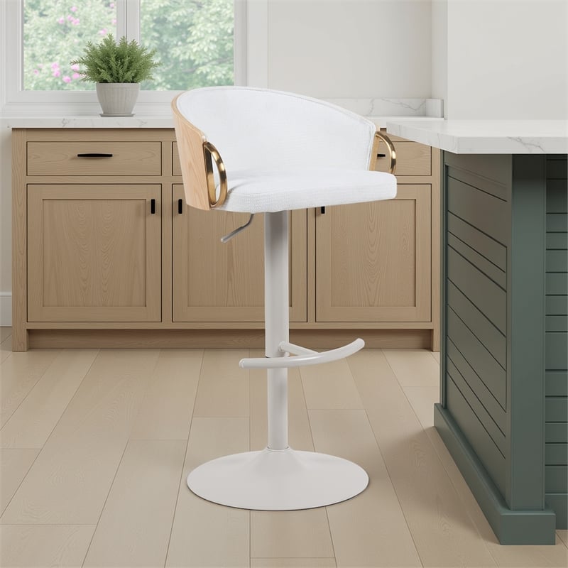 Solstice Adjustable Swivel Barstool in Ivory with White Seat/Oak Wood Accents