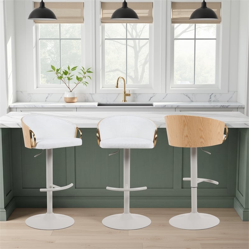 Solstice Adjustable Swivel Barstool in Ivory with White Seat/Oak Wood Accents