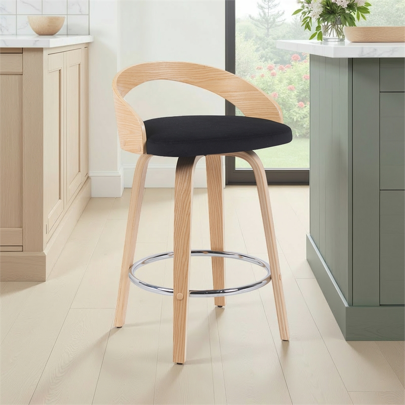Sonia Swivel Counter Height Bar Stool with Black Seat and Oak Wood- Set of 3