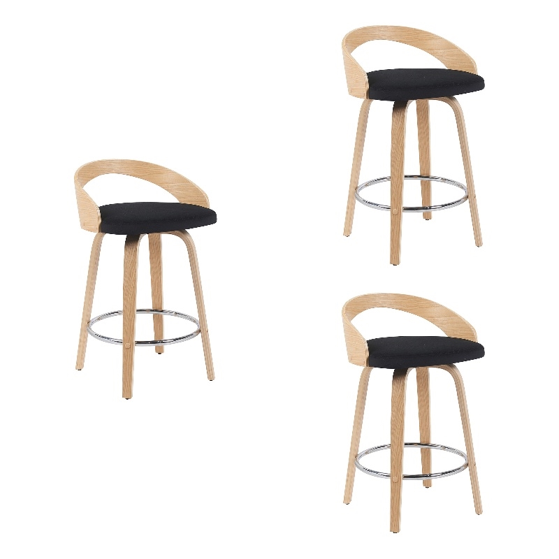 Sonia Swivel Counter Height Bar Stool with Black Seat and Oak Wood- Set of 3