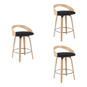 Sonia Swivel Counter Height Bar Stool with Black Seat and Oak Wood- Set of 3