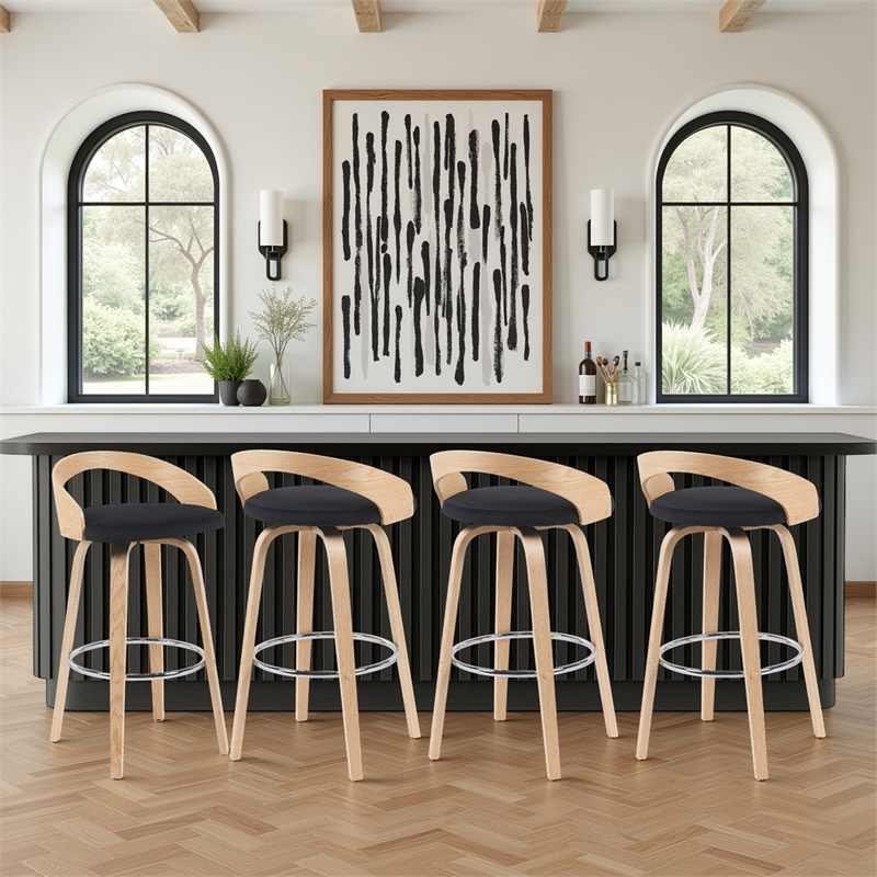 Sonia Swivel Bar Height Stool with Black Upholstered Seat/Oak Wood- Set of 4