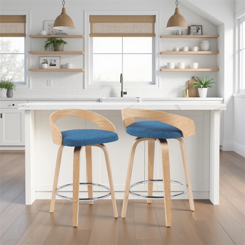 Sonia Swivel Counter Height Bar Stool with Blue Seat and Oak Wood- Set of 2