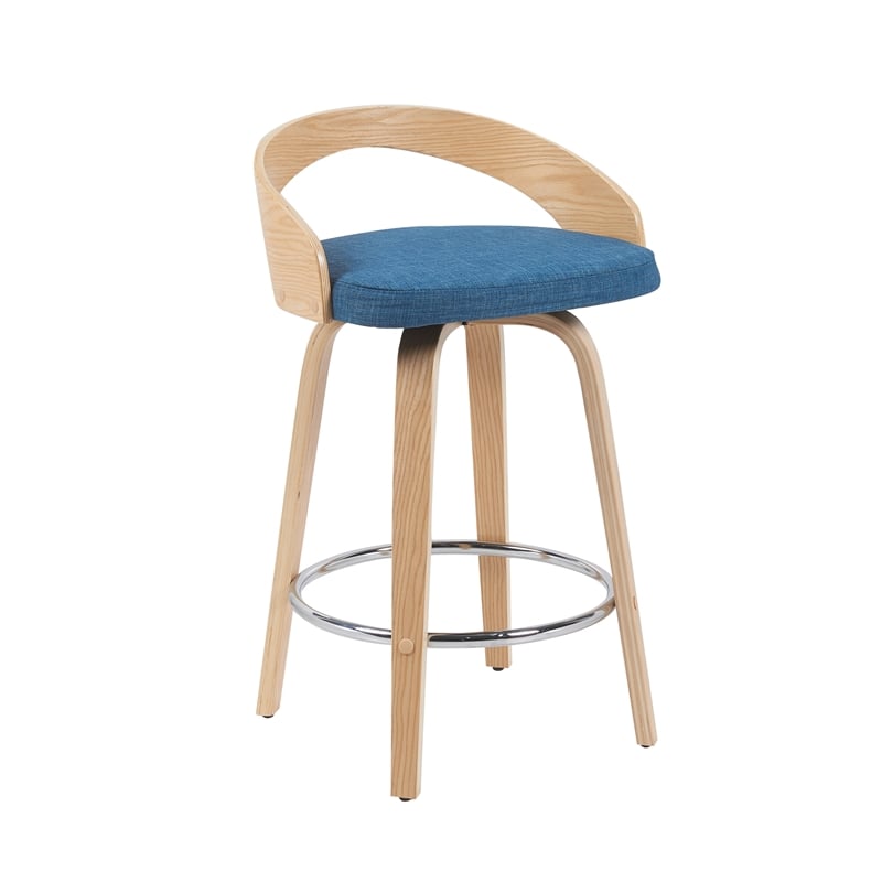 Sonia Swivel Counter Height Bar Stool with Blue Seat and Oak Wood- Set of 2