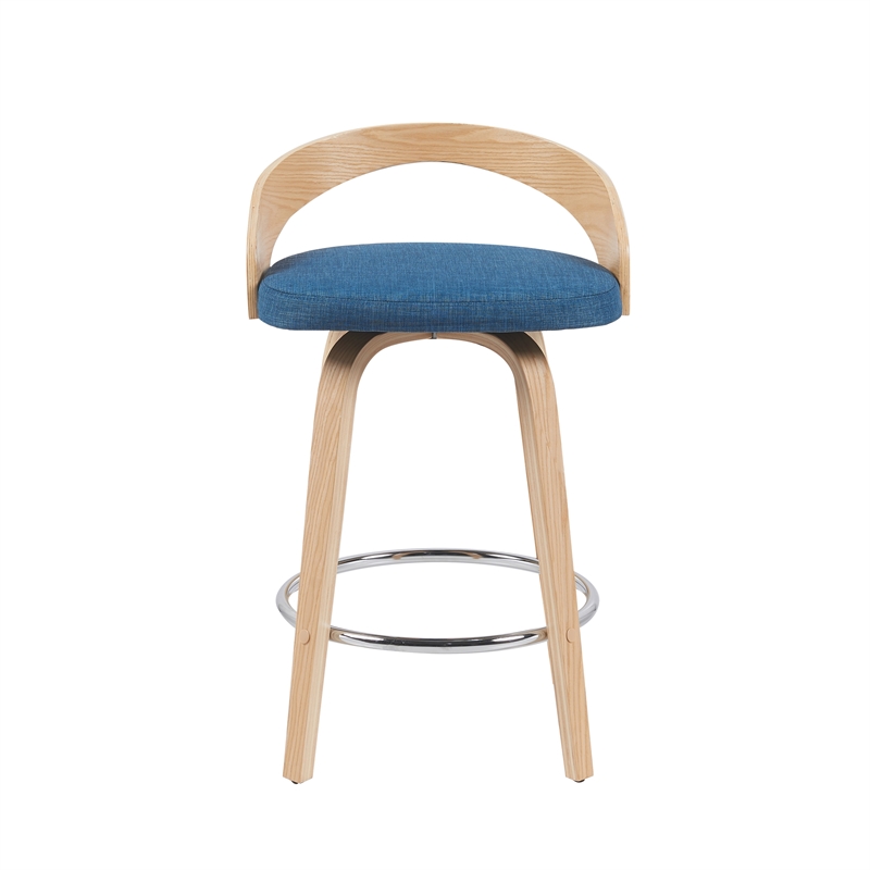 Sonia Swivel Counter Height Bar Stool with Blue Seat and Oak Wood- Set of 2