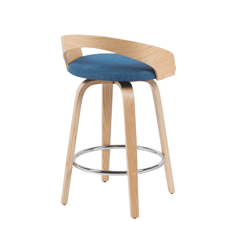 Sonia Swivel Counter Height Bar Stool with Blue Seat and Oak Wood- Set of 2