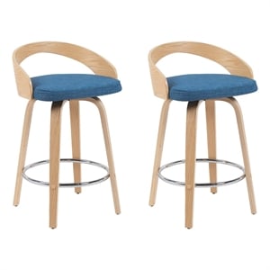 Sonia Swivel Counter Height Bar Stool with Blue Seat and Oak Wood- Set of 2