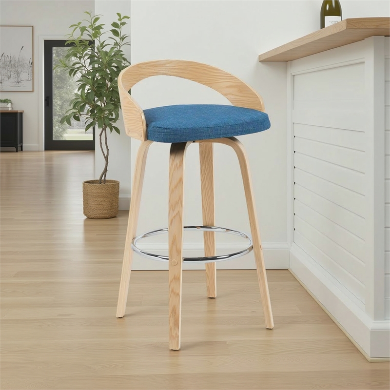 Sonia Swivel Bar Height Stool with Blue Upholstered Seat and Oak Wood Finish